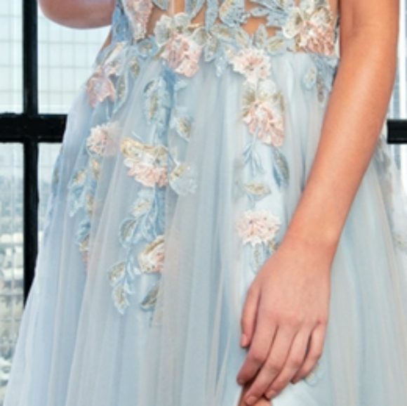New Baby blue multi color floral long tulle gown - Picture 5 of 6